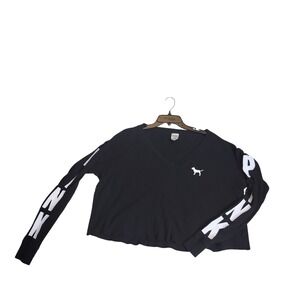 PINK Victoria's Secret Long Sleeve V Neck Cropped Waffle Knit Top Shirt Blk Sz S